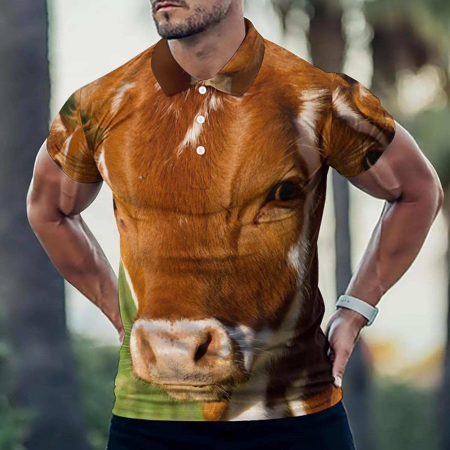 Cheeky Calf Brown Cow Mens Polo Shirts Quick Dry Short Sleeve T-shirts Slim Tennis Collared Tees Tops