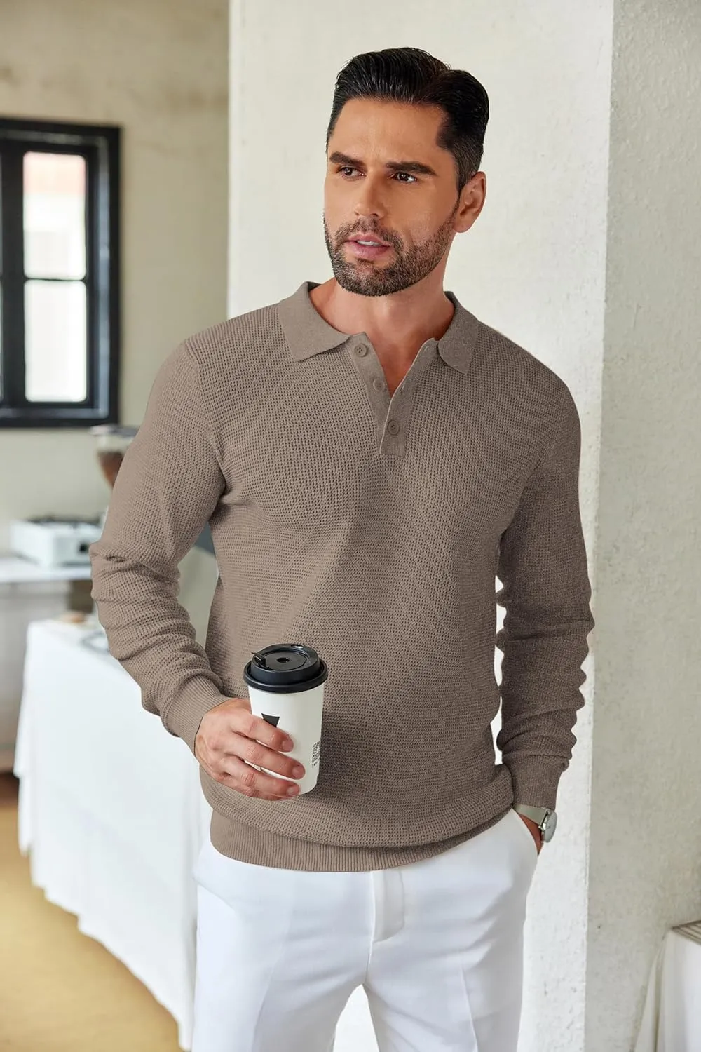 COOFANDY Mens Knit Polo Shirts Long Sleeve Sweater Casual Polo Shirts Lightweight Collared T Shirts