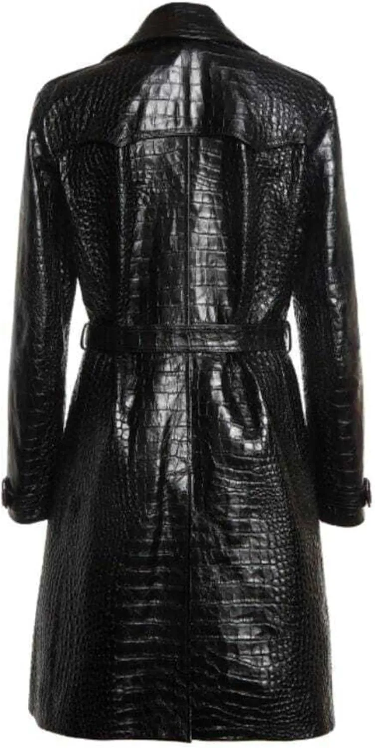 Crocodile Print Faux Leather Trench Coat For Women Belt Double Breasted Long Elegant Overcoat Alligator