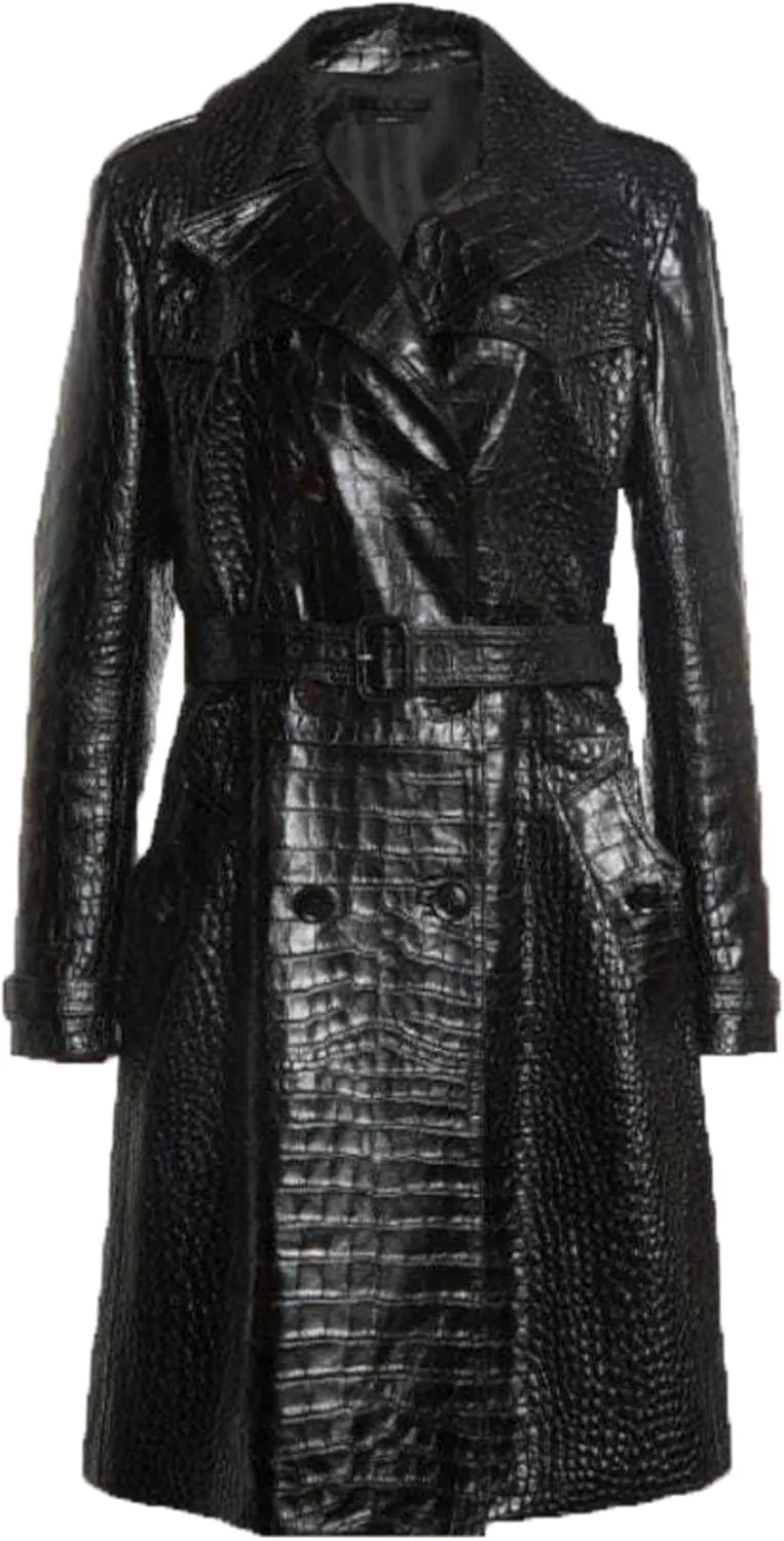 Crocodile Print Faux Leather Trench Coat For Women Belt Double Breasted Long Elegant Overcoat Alligator
