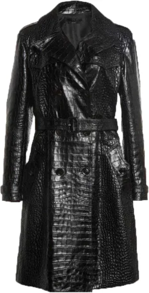 Crocodile Print Faux Leather Trench Coat For Women Belt Double Breasted Long Elegant Overcoat Alligator