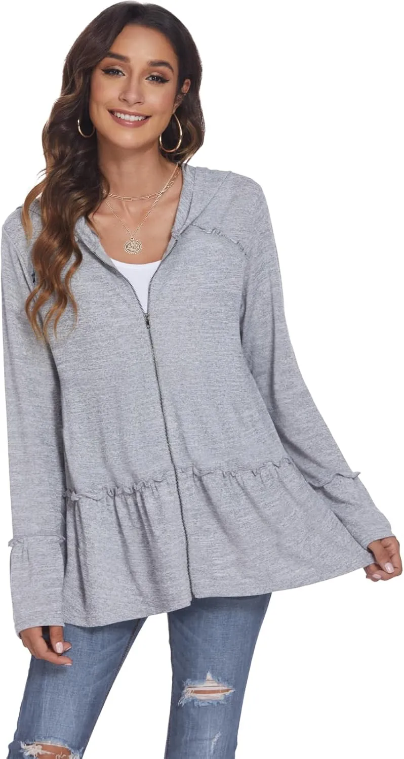 DEESHA Plus Size Zip Up Hoodie for Curvy Women Spring Ruffle Hooded Sweatshirts Jacket Cardigans Lightweight