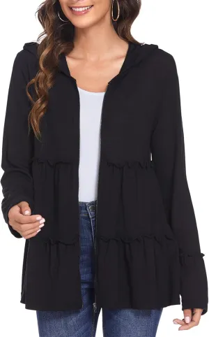 DEESHA Plus Size Zip Up Hoodie for Curvy Women Spring Ruffle Hooded Sweatshirts Jacket Cardigans Lightweight