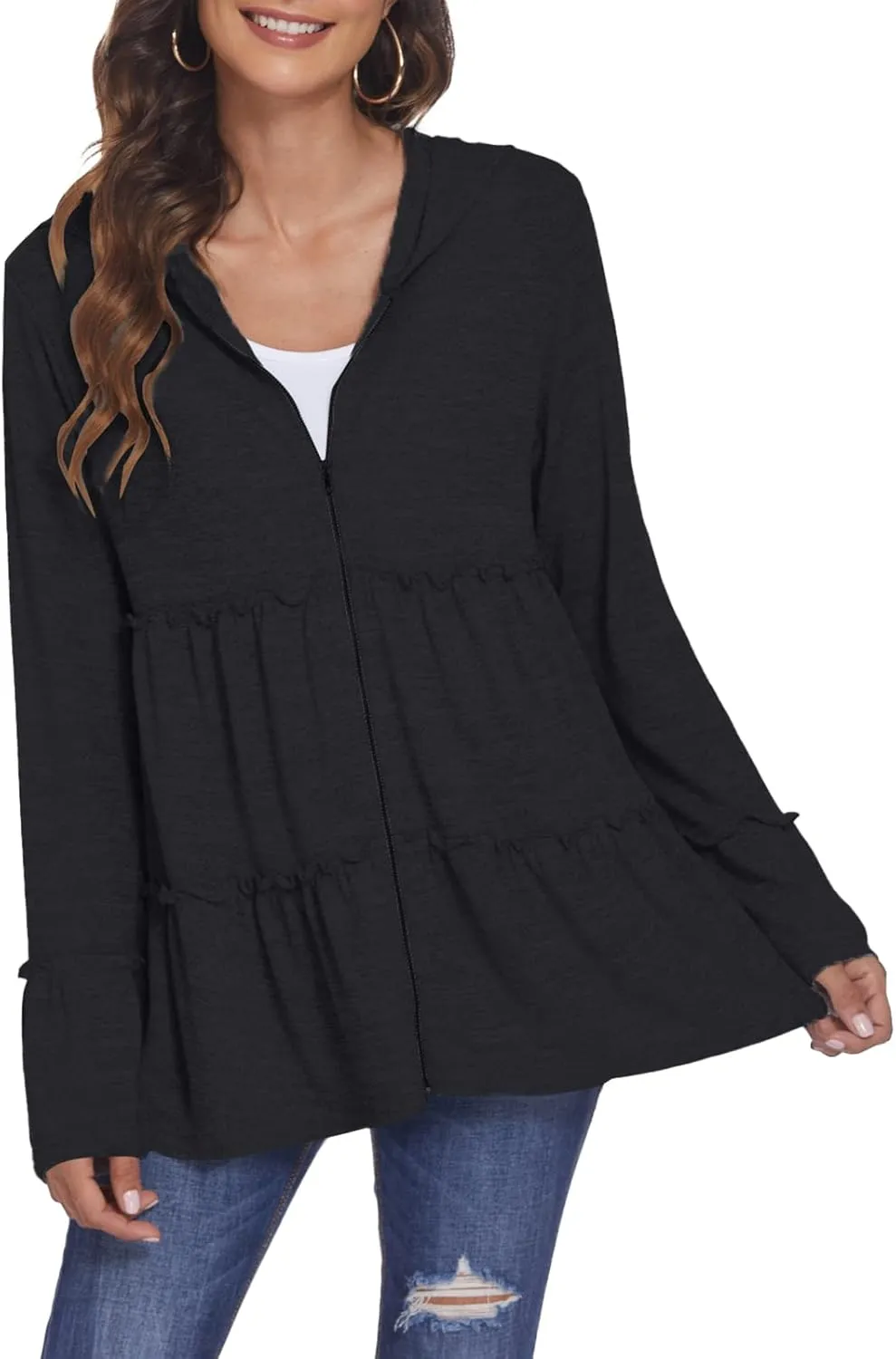 DEESHA Plus Size Zip Up Hoodie for Curvy Women Spring Ruffle Hooded Sweatshirts Jacket Cardigans Lightweight