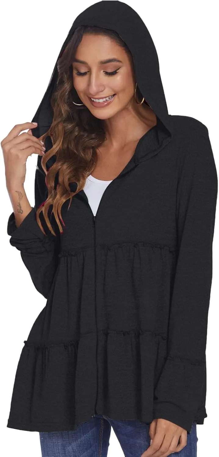 DEESHA Plus Size Zip Up Hoodie for Curvy Women Spring Ruffle Hooded Sweatshirts Jacket Cardigans Lightweight