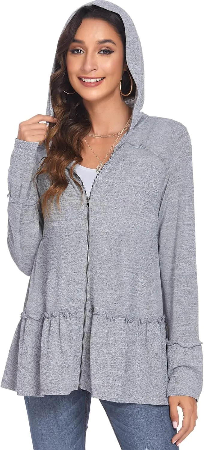 DEESHA Plus Size Zip Up Hoodie for Curvy Women Spring Ruffle Hooded Sweatshirts Jacket Cardigans Lightweight