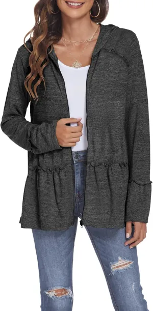 DEESHA Plus Size Zip Up Hoodie for Curvy Women Spring Ruffle Hooded Sweatshirts Jacket Cardigans Lightweight