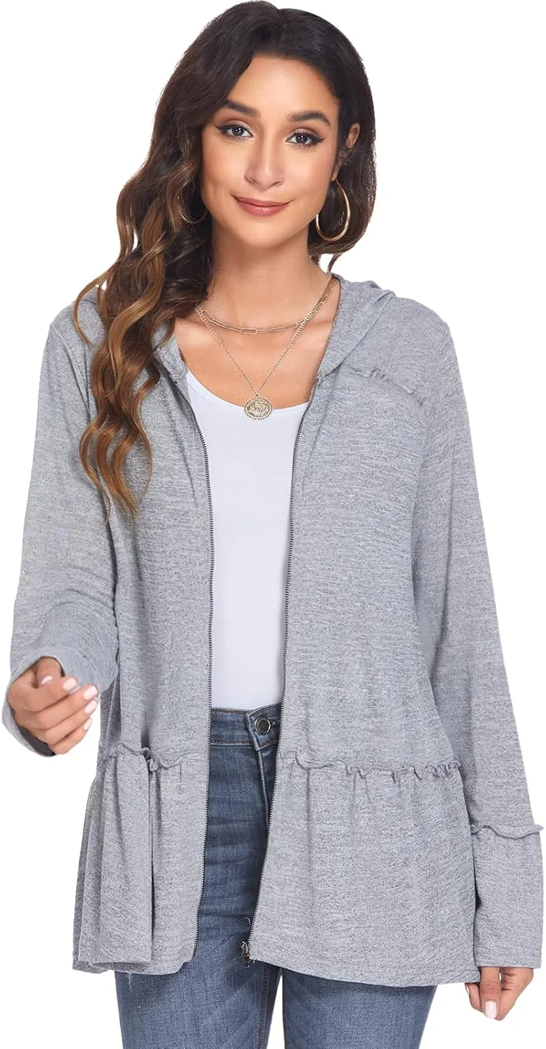 DEESHA Plus Size Zip Up Hoodie for Curvy Women Spring Ruffle Hooded Sweatshirts Jacket Cardigans Lightweight