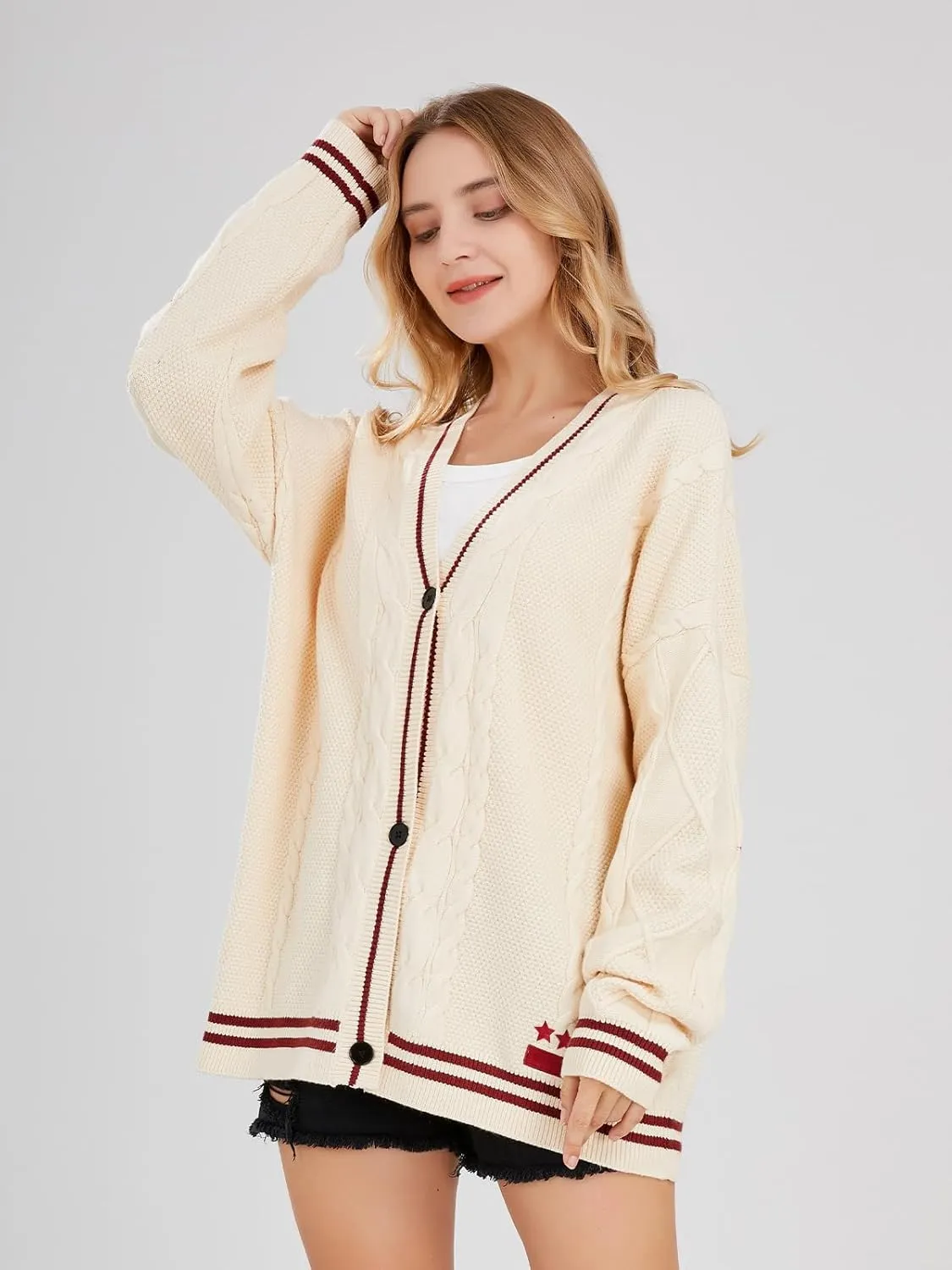 ebossy Women's Stars Embroideried Cable Knit Cardigans Open Front Button Down Sweater Outwear