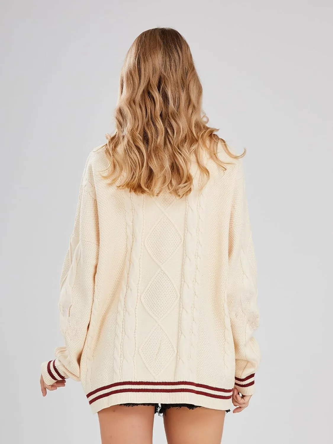 ebossy Women's Stars Embroideried Cable Knit Cardigans Open Front Button Down Sweater Outwear