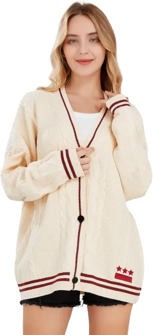 ebossy Women's Stars Embroideried Cable Knit Cardigans Open Front Button Down Sweater Outwear