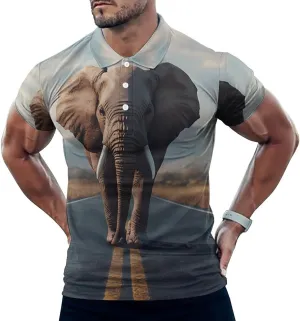 Elephant Walking On The Road Mens Polo Shirts Quick Dry Short Sleeve T-shirts Slim Tennis Collared Tees Tops