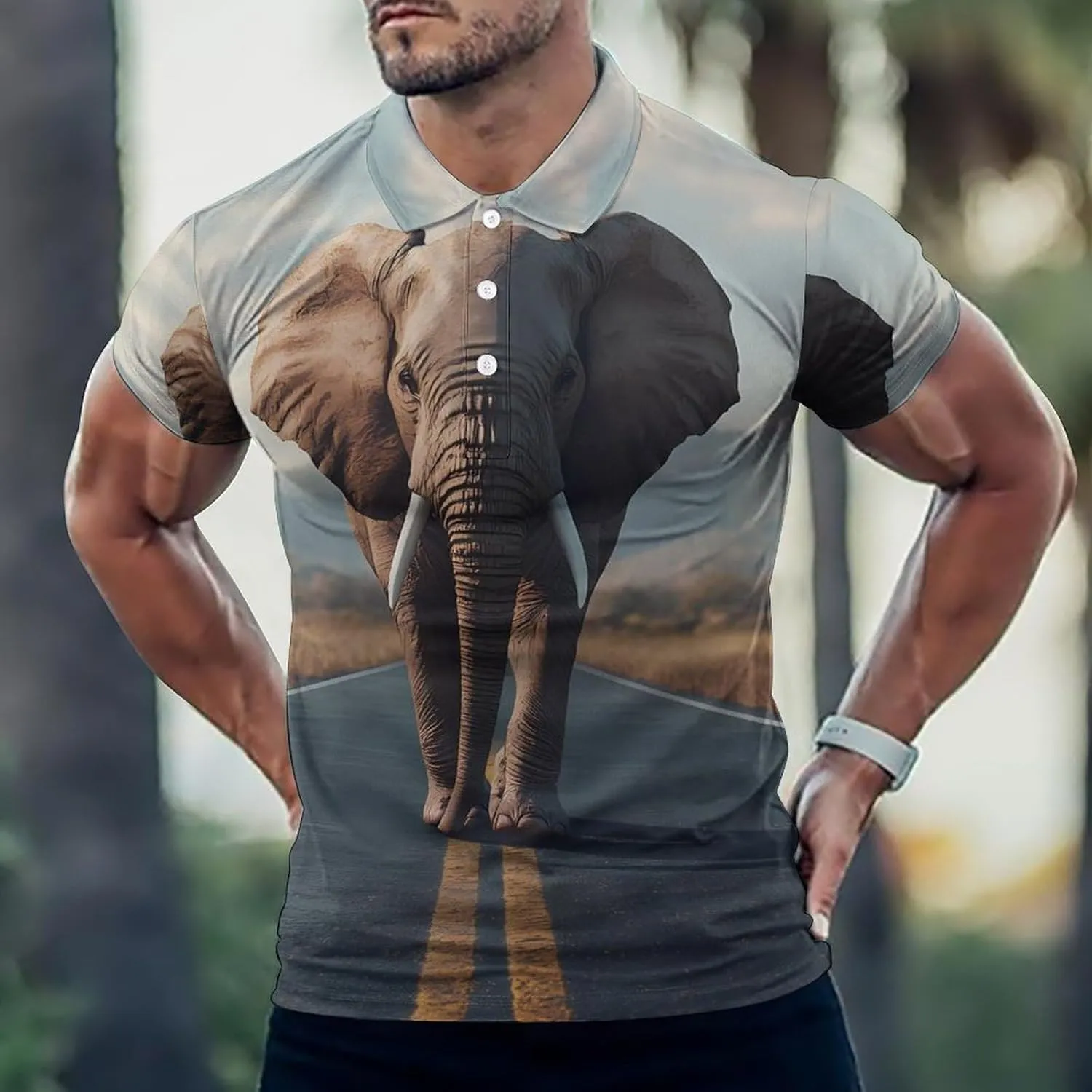 Elephant Walking On The Road Mens Polo Shirts Quick Dry Short Sleeve T-shirts Slim Tennis Collared Tees Tops