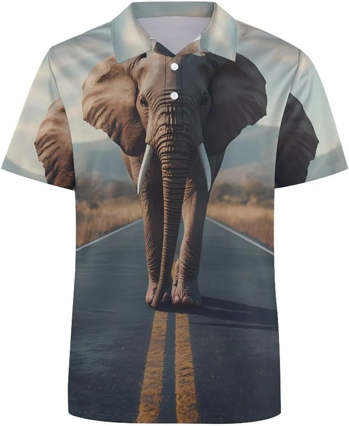 Elephant Walking On The Road Mens Polo Shirts Quick Dry Short Sleeve T-shirts Slim Tennis Collared Tees Tops