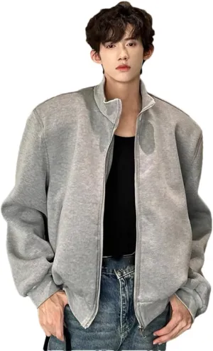 ERFMFKL Men's Stand Collar Cotton Jackets Casual Solid Shoulder Padded Zipper Short Coats Gray Asian Size M