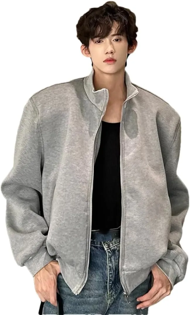 ERFMFKL Men's Stand Collar Cotton Jackets Casual Solid Shoulder Padded Zipper Short Coats Gray Asian Size M