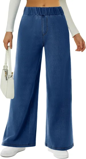 FireSwan Women's Wide Leg Jeans Stretchy Mid Rise Elastic Waist Jeans Baggy Loose Denim Pants with Pockets Trendy Casual