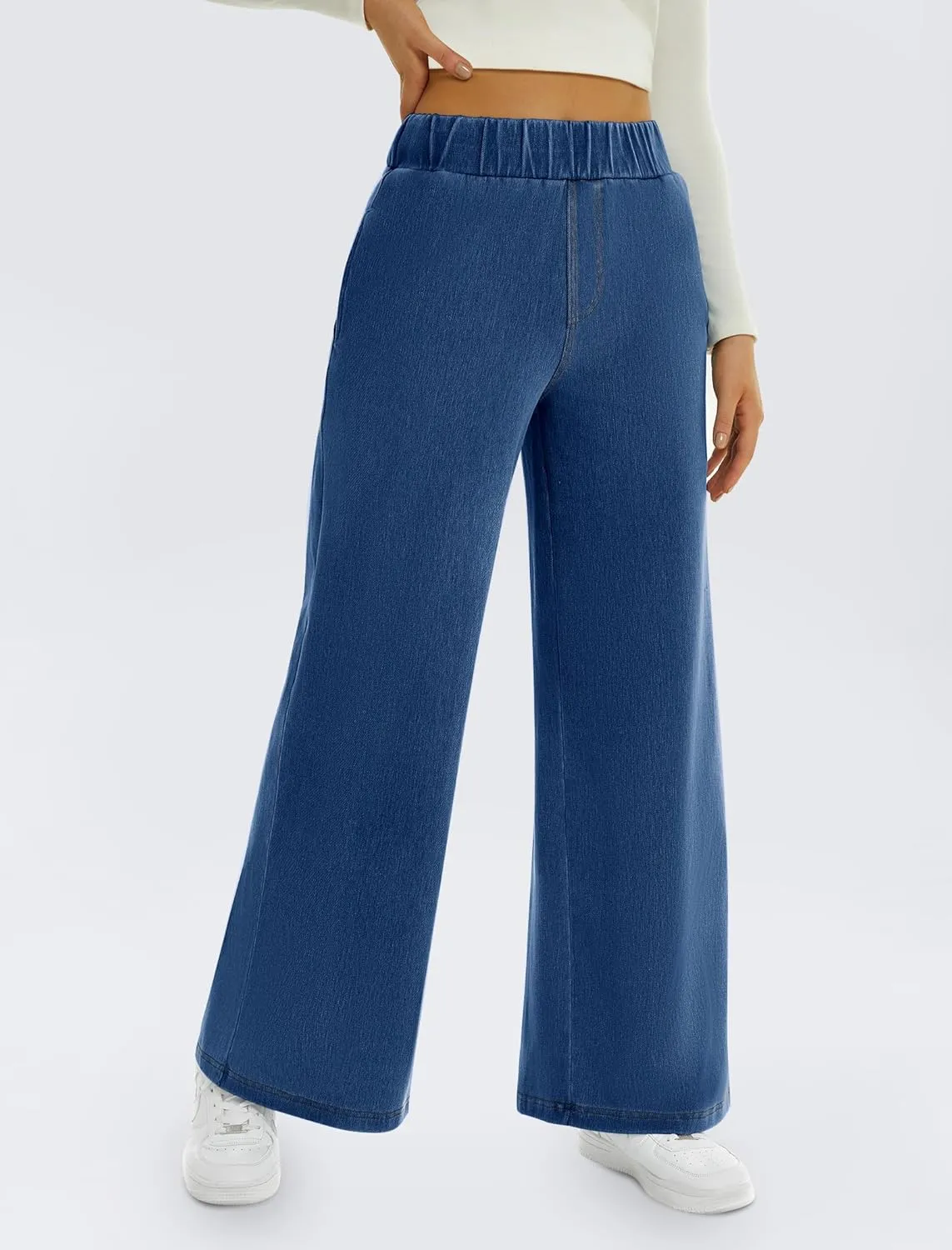 FireSwan Women's Wide Leg Jeans Stretchy Mid Rise Elastic Waist Jeans Baggy Loose Denim Pants with Pockets Trendy Casual