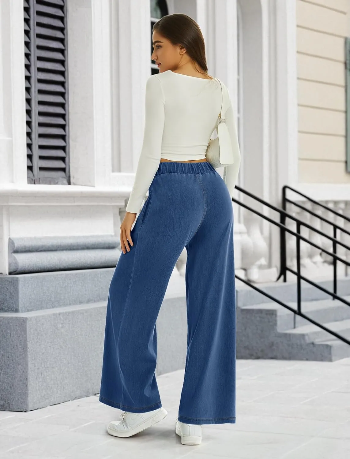 FireSwan Women's Wide Leg Jeans Stretchy Mid Rise Elastic Waist Jeans Baggy Loose Denim Pants with Pockets Trendy Casual