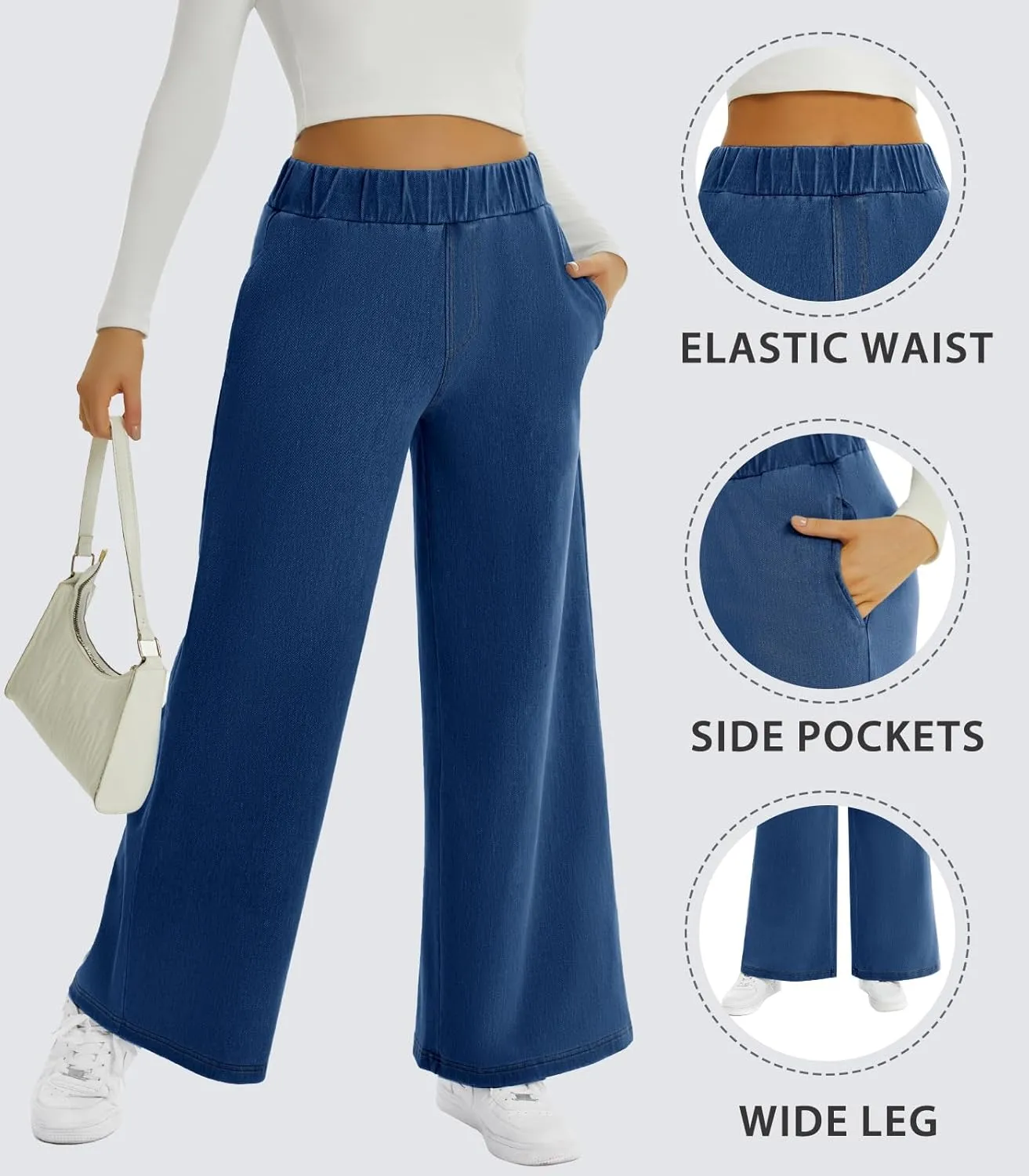 FireSwan Women's Wide Leg Jeans Stretchy Mid Rise Elastic Waist Jeans Baggy Loose Denim Pants with Pockets Trendy Casual
