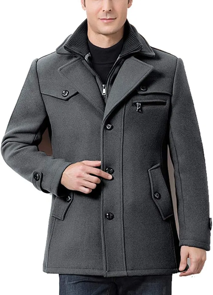 FTCayanz Men's Wool Coat Winter Slim Fit Pea Coats Single Breasted Quilted Lined Trench Jacket