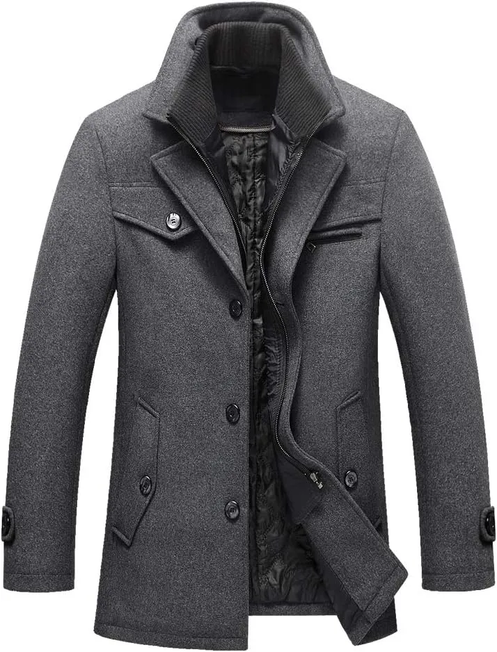 FTCayanz Men's Wool Coat Winter Slim Fit Pea Coats Single Breasted Quilted Lined Trench Jacket