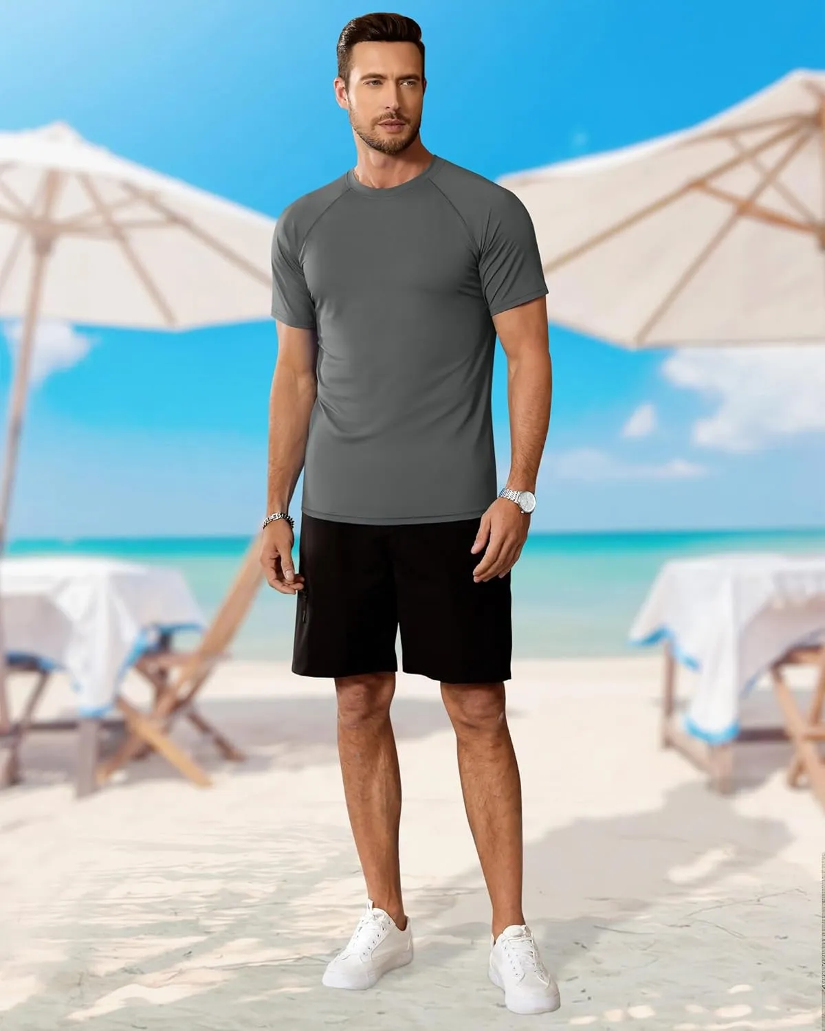 Huukeay 3 Pack Men's Short Sleeve Swim Shirts, UPF 50  Rash Guard Tees Quick Dry Lightweight Fishing Running Hiking T-Shirts