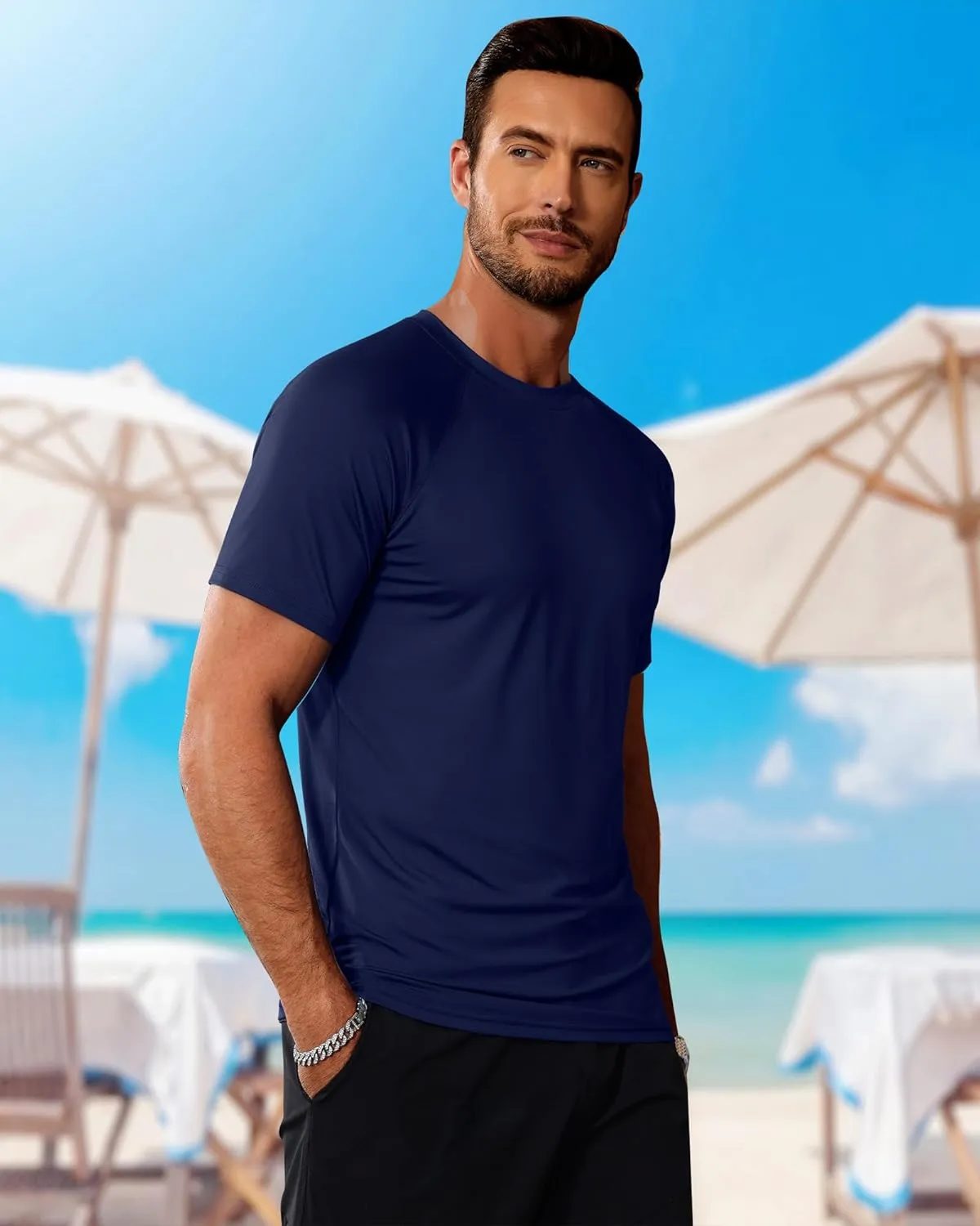 Huukeay 3 Pack Men's Short Sleeve Swim Shirts, UPF 50  Rash Guard Tees Quick Dry Lightweight Fishing Running Hiking T-Shirts