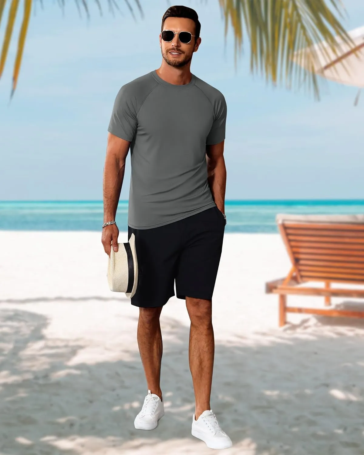Huukeay 3 Pack Men's Short Sleeve Swim Shirts, UPF 50  Rash Guard Tees Quick Dry Lightweight Fishing Running Hiking T-Shirts