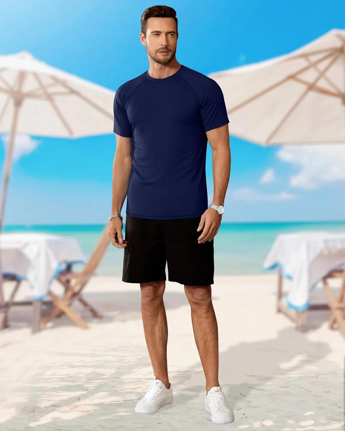 Huukeay 3 Pack Men's Short Sleeve Swim Shirts, UPF 50  Rash Guard Tees Quick Dry Lightweight Fishing Running Hiking T-Shirts