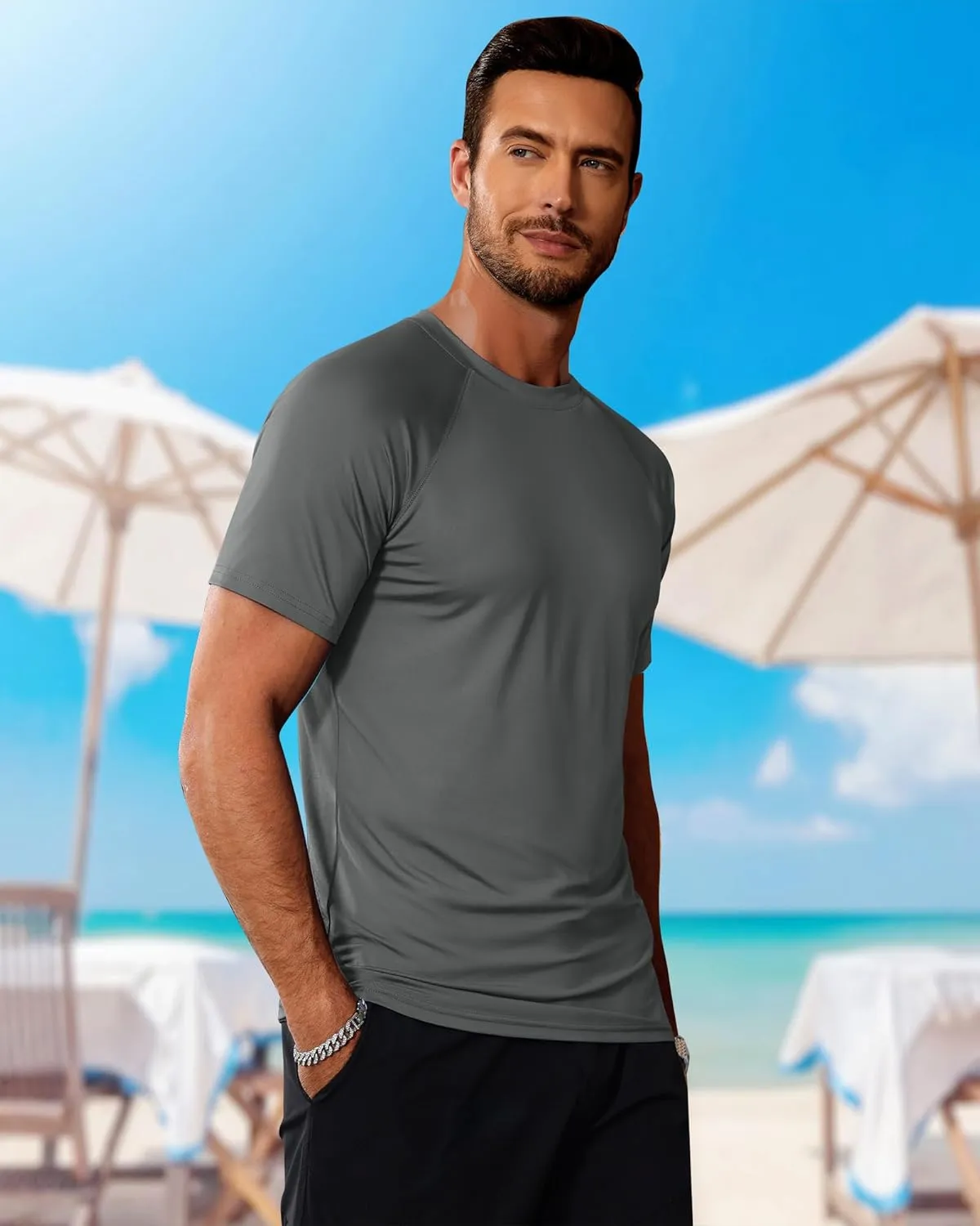 Huukeay 3 Pack Men's Short Sleeve Swim Shirts, UPF 50  Rash Guard Tees Quick Dry Lightweight Fishing Running Hiking T-Shirts