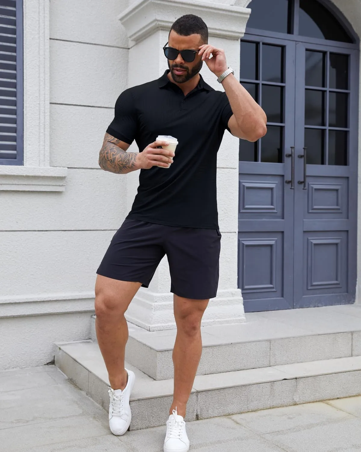 KAWATA Men's Muscle Polo Shirts Dry Fit Short Sleeve Stretch Slim Fit T Shirts Workout Golf Shirt