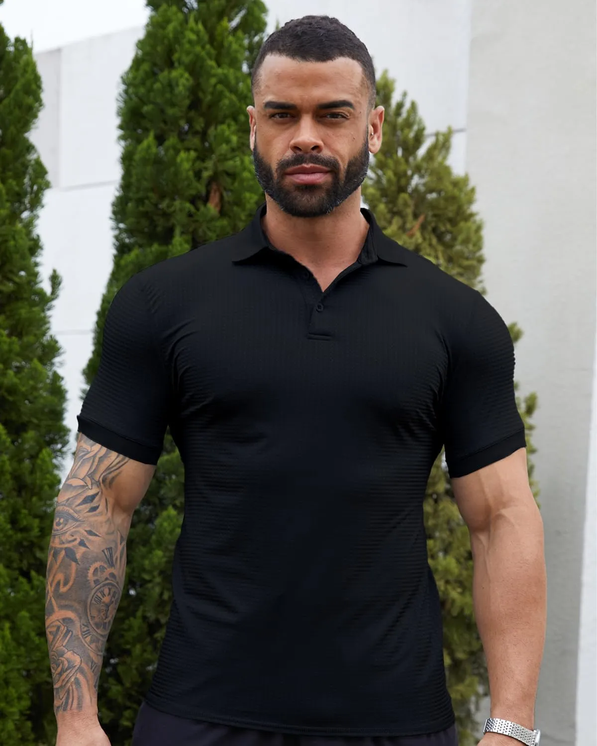 KAWATA Men's Muscle Polo Shirts Dry Fit Short Sleeve Stretch Slim Fit T Shirts Workout Golf Shirt