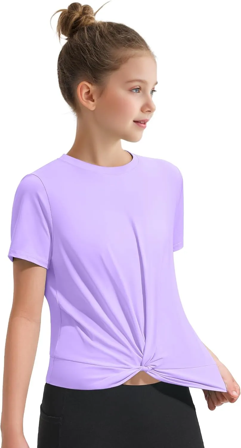 KEREDA Girls Athletic Shirts Tie Front Tops Summer Short Sleeve Quick Dry Active Tees T-Shirts for Kids Teens