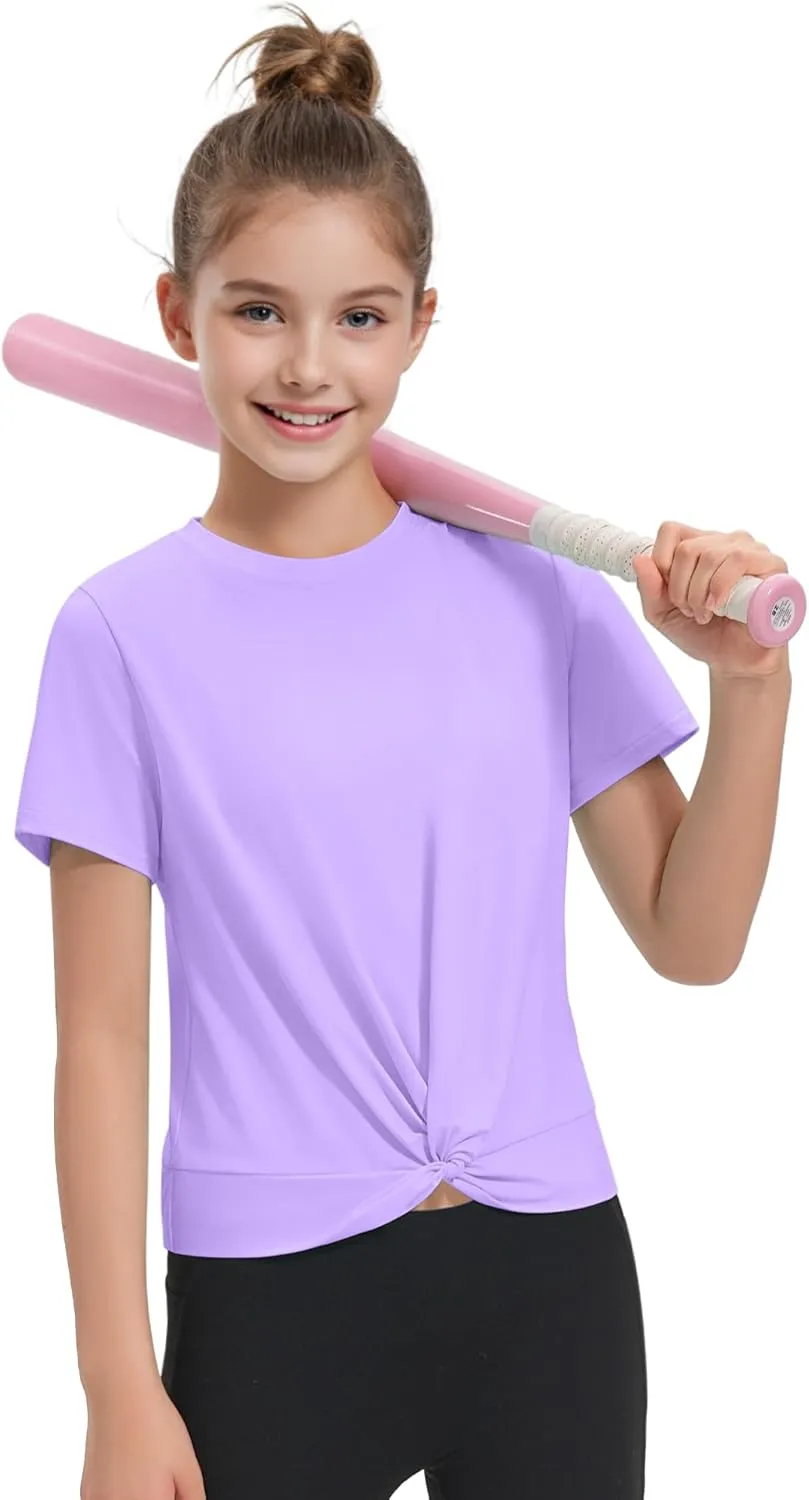 KEREDA Girls Athletic Shirts Tie Front Tops Summer Short Sleeve Quick Dry Active Tees T-Shirts for Kids Teens
