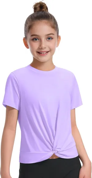 KEREDA Girls Athletic Shirts Tie Front Tops Summer Short Sleeve Quick Dry Active Tees T-Shirts for Kids Teens