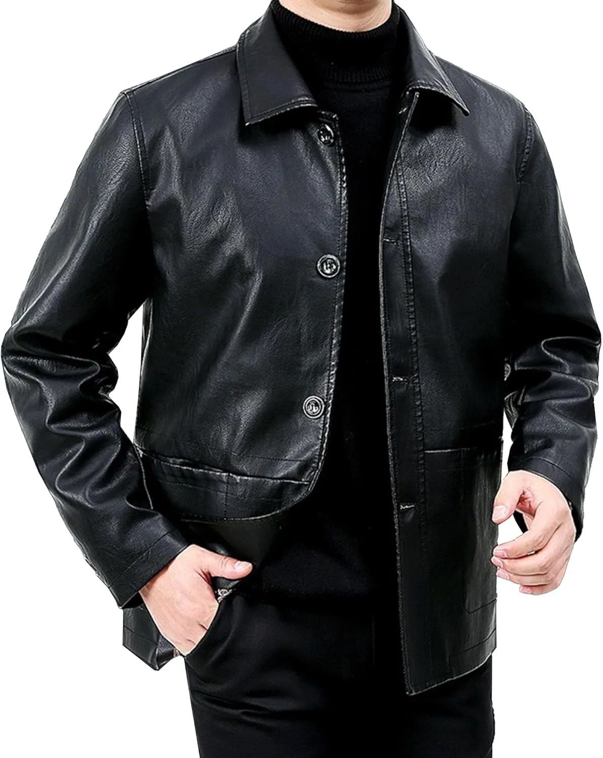 Lambskin Leather Car Coat for Men Turn-Down Collar Motorcycle Leather Jacket Lapel Motorcycle Leather Jackets