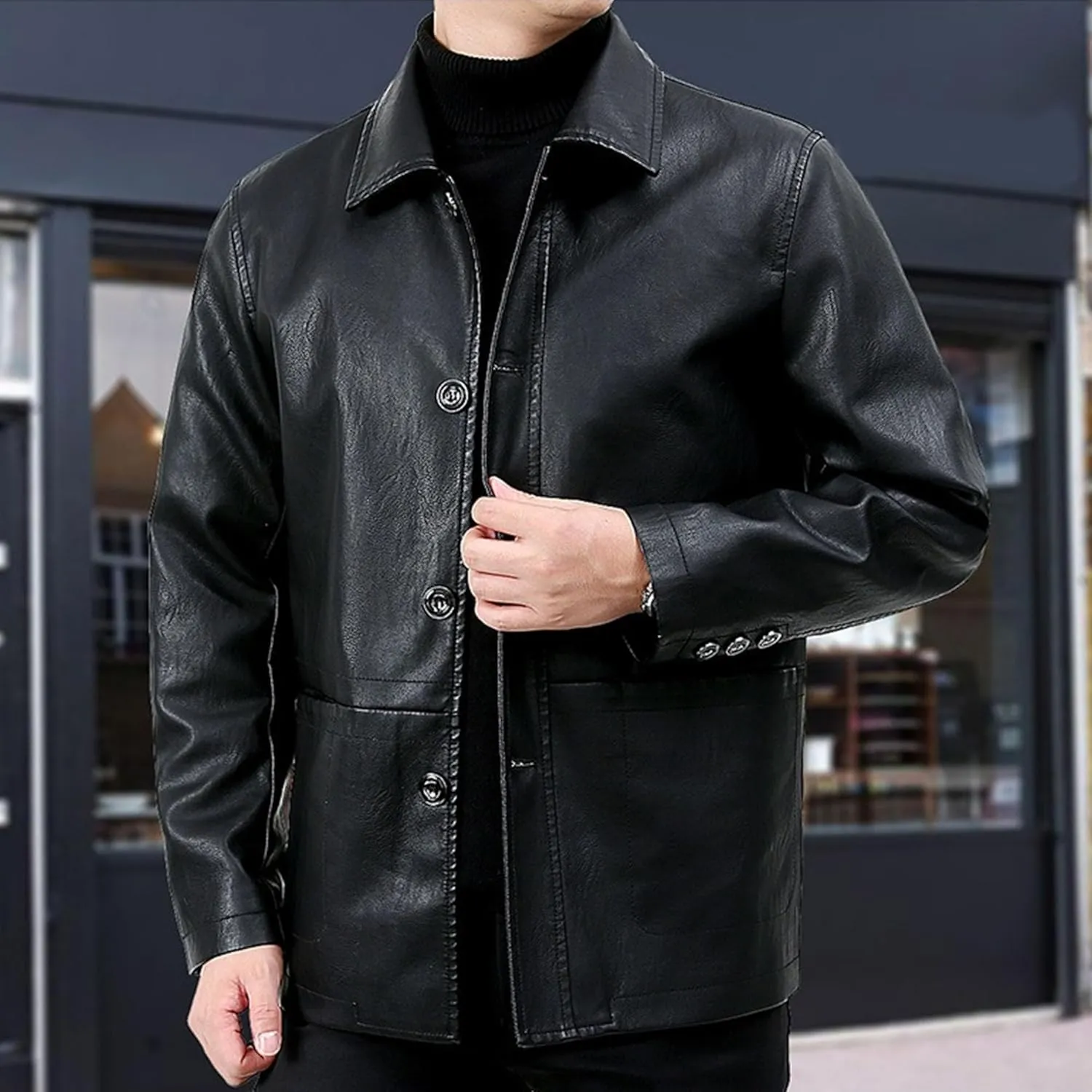 Lambskin Leather Car Coat for Men Turn-Down Collar Motorcycle Leather Jacket Lapel Motorcycle Leather Jackets