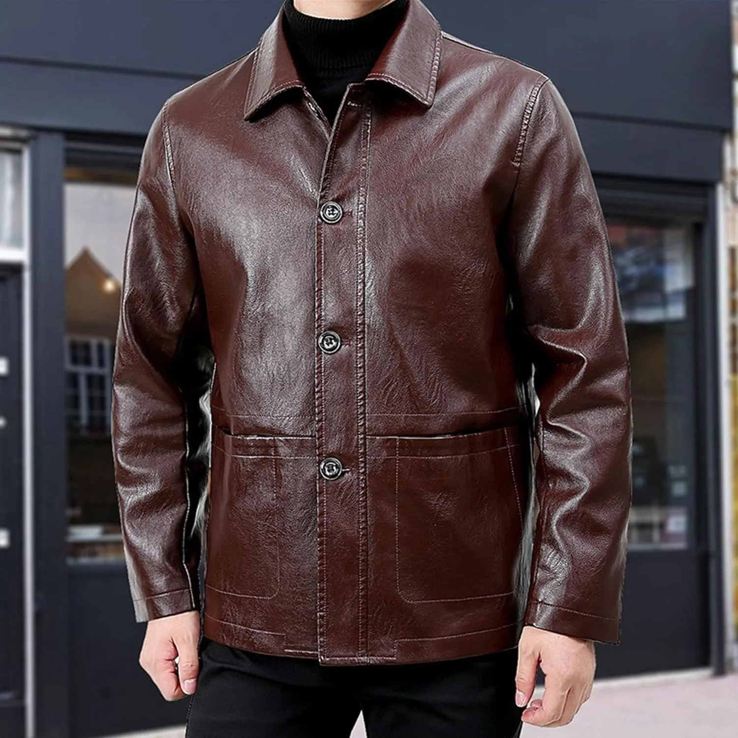 Lambskin Leather Car Coat for Men Turn-Down Collar Motorcycle Leather Jacket Lapel Motorcycle Leather Jackets