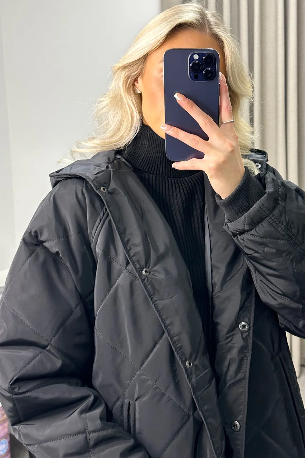 Lovina Black Quilted Hooded Longline Coat