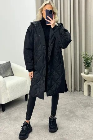 Lovina Black Quilted Hooded Longline Coat