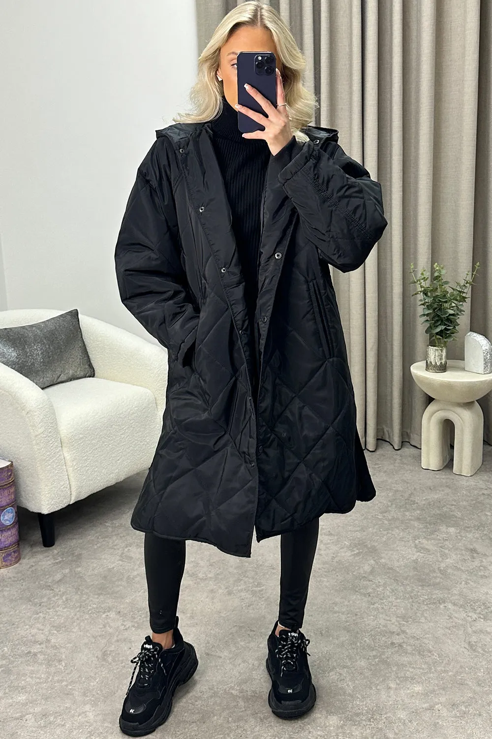 Lovina Black Quilted Hooded Longline Coat