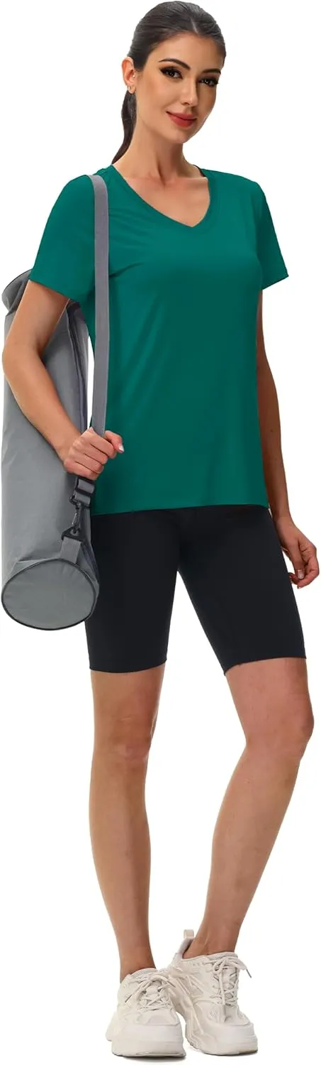 MAGCOMSEN Workout Shirts for Women UPF 80  V-Neck Tees Quick Dry Yoga Top Short Sleeve T-Shirts Gym Athletic