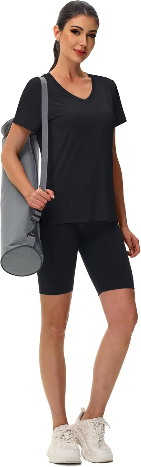 MAGCOMSEN Workout Shirts for Women UPF 80  V-Neck Tees Quick Dry Yoga Top Short Sleeve T-Shirts Gym Athletic