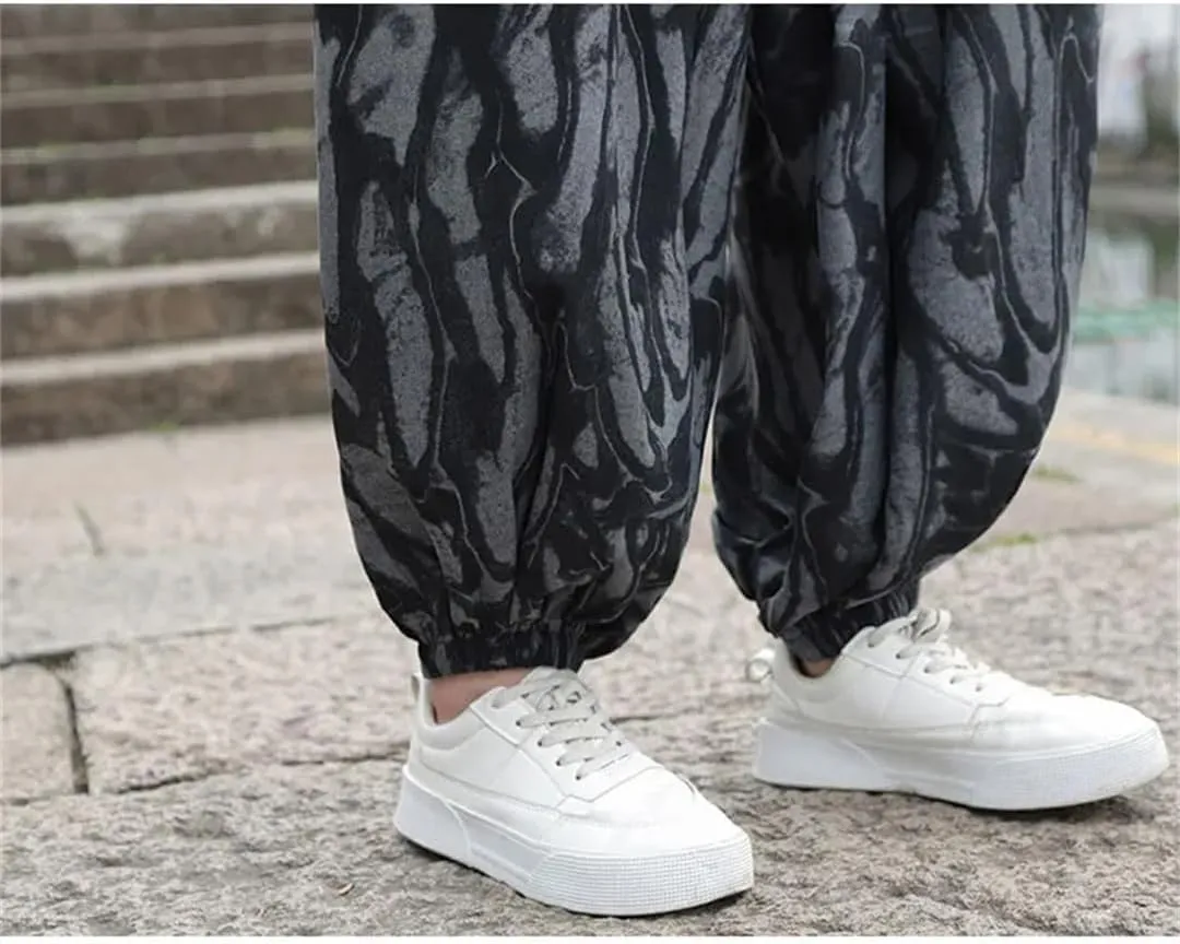 Men Elastic Waist Wide-Leg Harem Pants Thin Printed Harajuku Pant Jogging Lantern Trousers