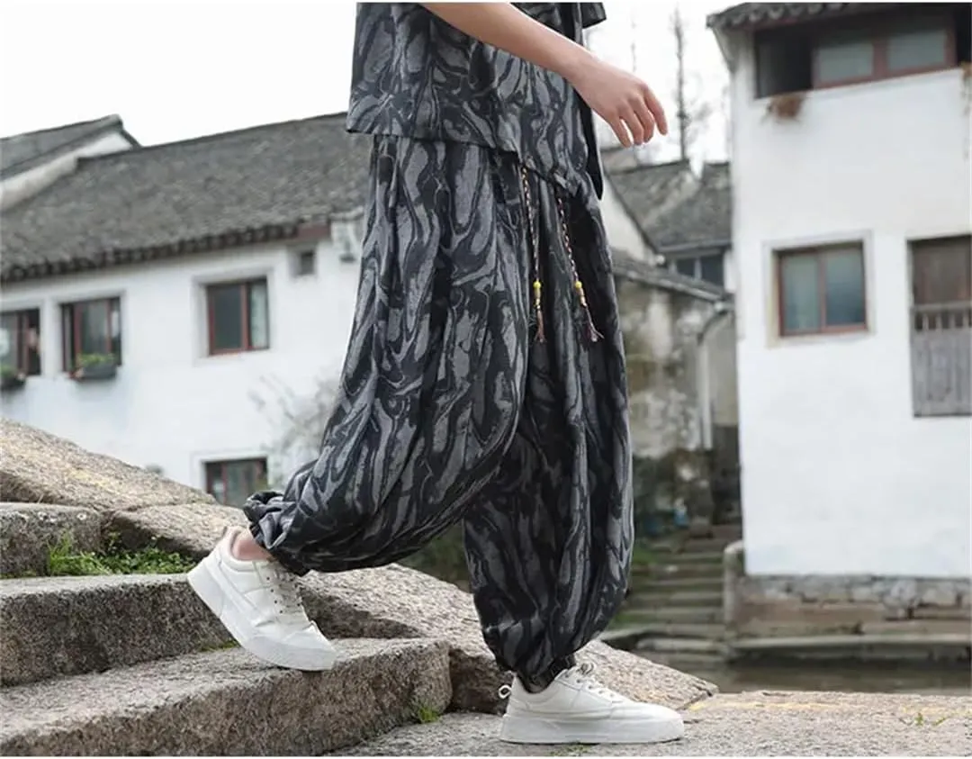 Men Elastic Waist Wide-Leg Harem Pants Thin Printed Harajuku Pant Jogging Lantern Trousers