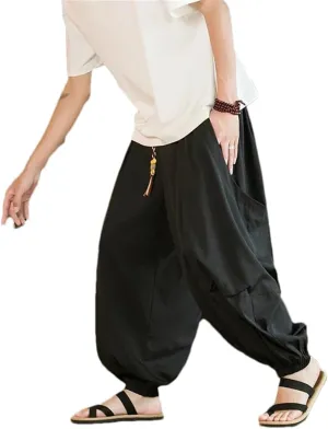 Men Elastic Waist Wide-Leg Harem Pants Thin Printed Harajuku Pant Jogging Lantern Trousers