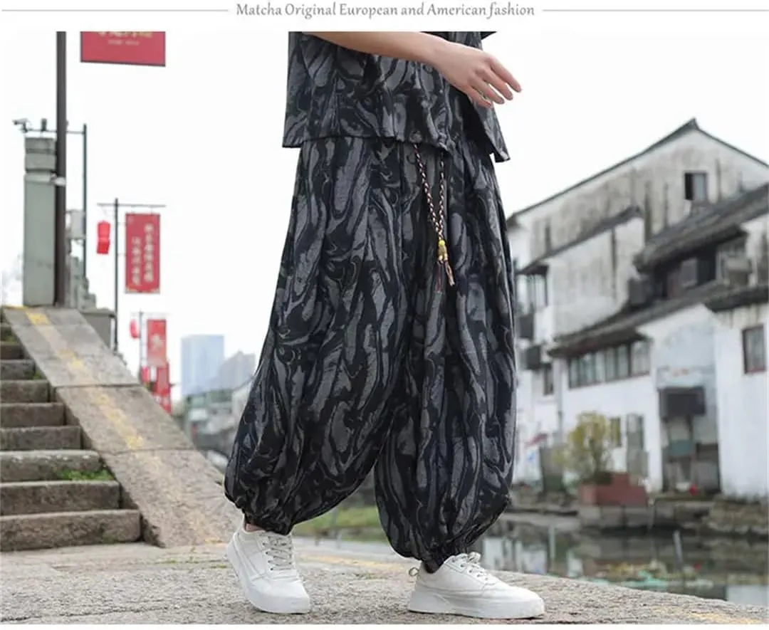 Men Elastic Waist Wide-Leg Harem Pants Thin Printed Harajuku Pant Jogging Lantern Trousers