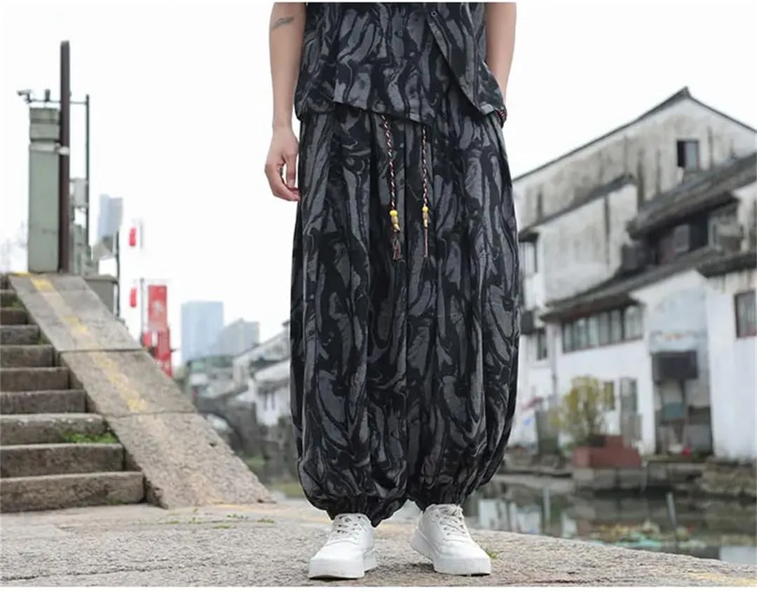 Men Elastic Waist Wide-Leg Harem Pants Thin Printed Harajuku Pant Jogging Lantern Trousers