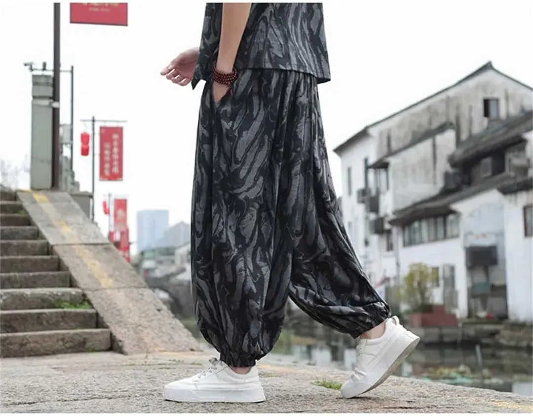 Men Elastic Waist Wide-Leg Harem Pants Thin Printed Harajuku Pant Jogging Lantern Trousers